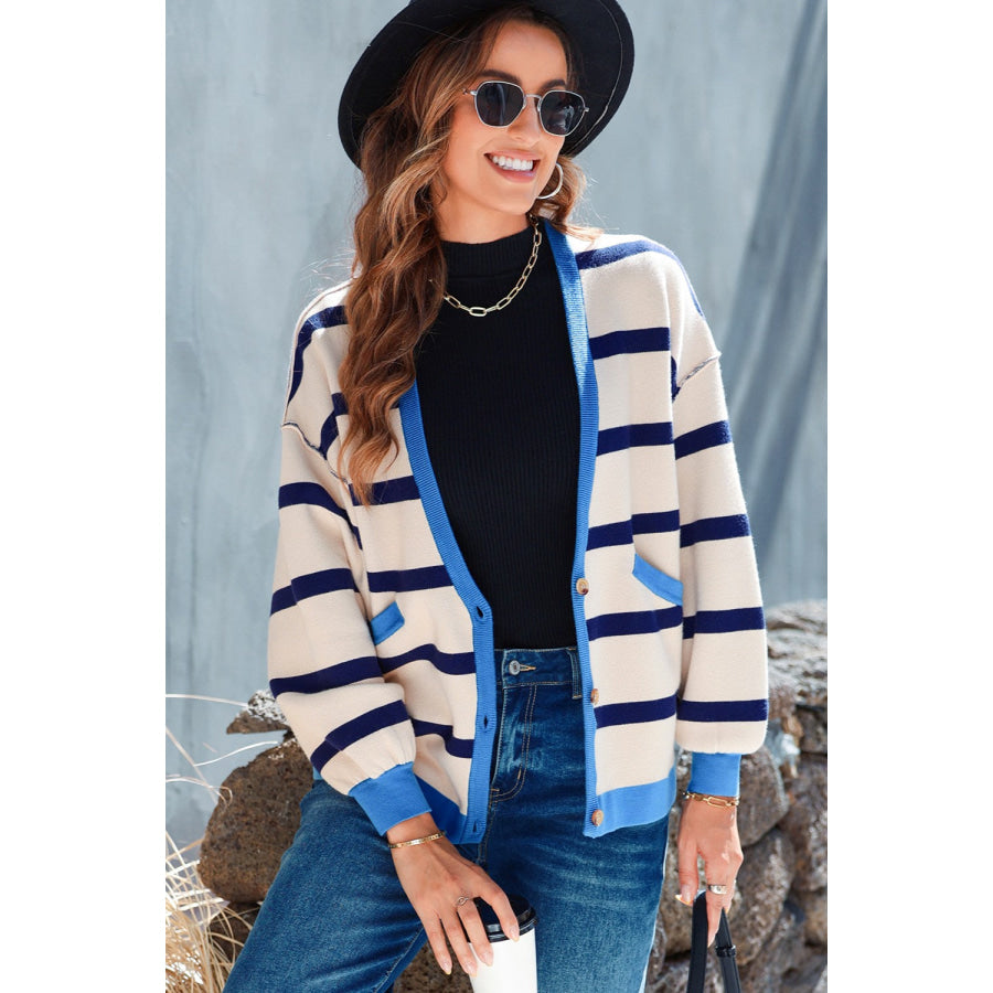 Striped Button Up Long Sleeve Cardigan Apparel and Accessories