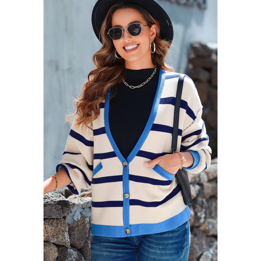 Striped Button Up Long Sleeve Cardigan Sky Blue / S Apparel and Accessories