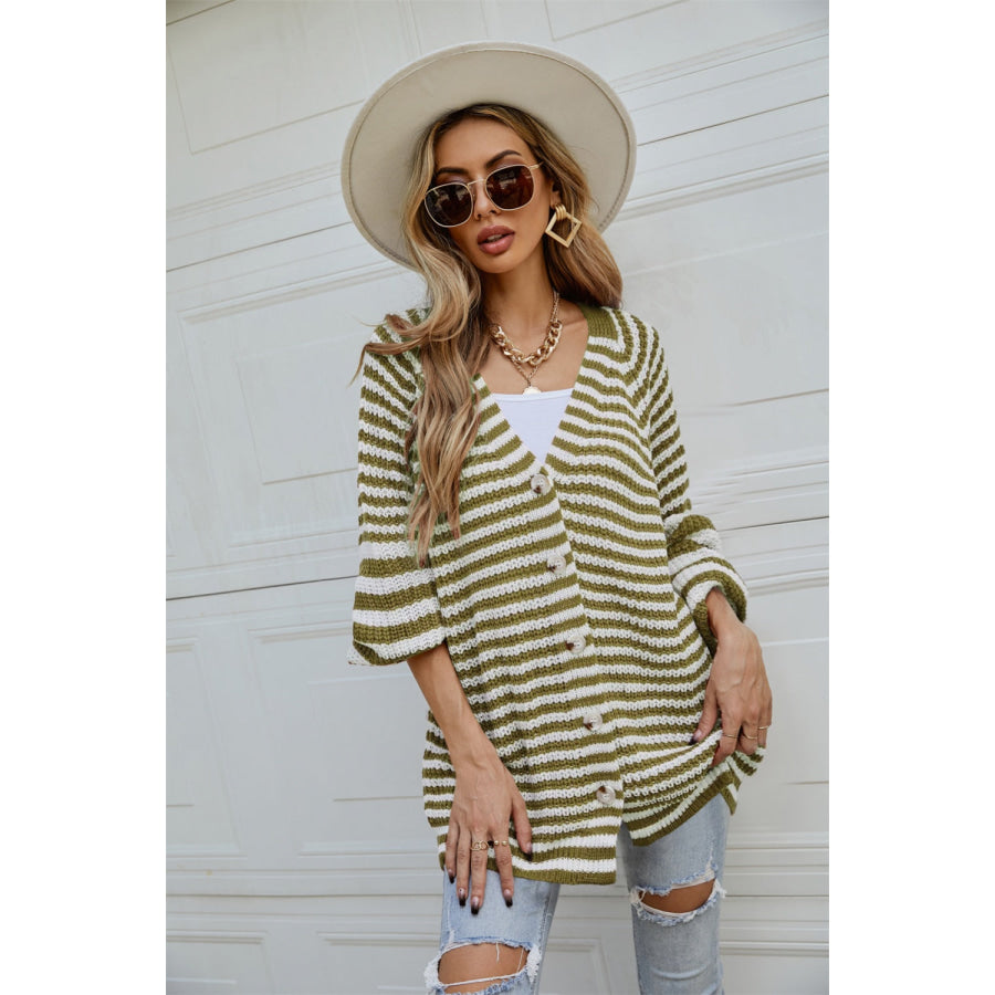 Striped Button Up Long Sleeve Cardigan Matcha Green / S Apparel and Accessories