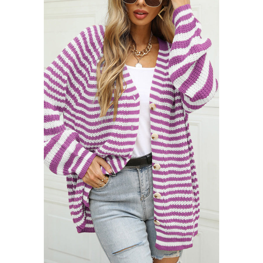 Striped Button Up Long Sleeve Cardigan Apparel and Accessories