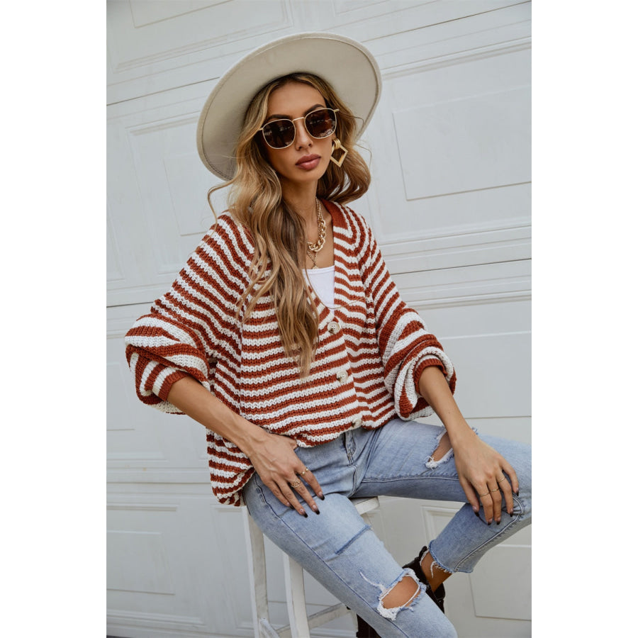 Striped Button Up Long Sleeve Cardigan Apparel and Accessories