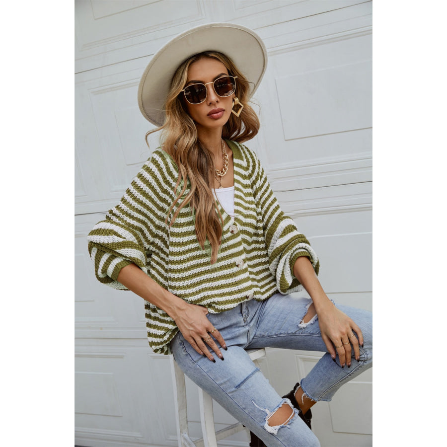 Striped Button Up Long Sleeve Cardigan Apparel and Accessories