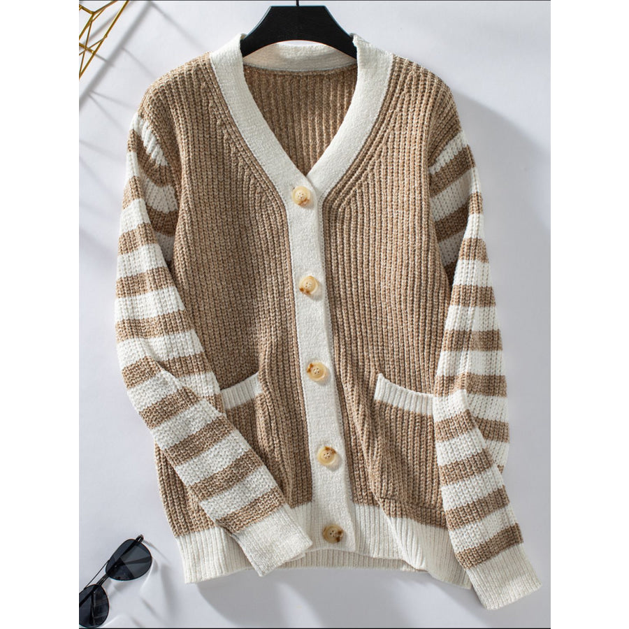 Striped Button Up Long Sleeve Cardigan Apparel and Accessories