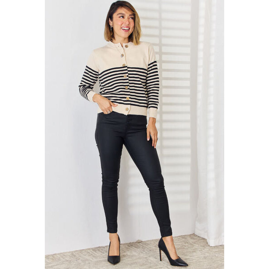 Striped Button Up Long Sleeve Cardigan Apparel and Accessories