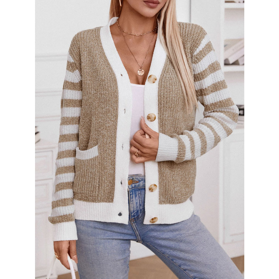 Striped Button Up Long Sleeve Cardigan Apparel and Accessories