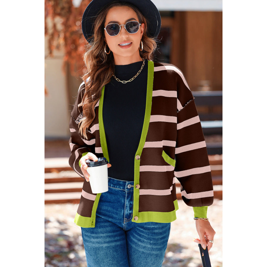 Striped Button Up Long Sleeve Cardigan Apparel and Accessories