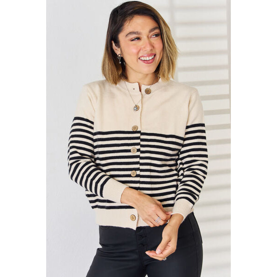 Striped Button Up Long Sleeve Cardigan Apparel and Accessories