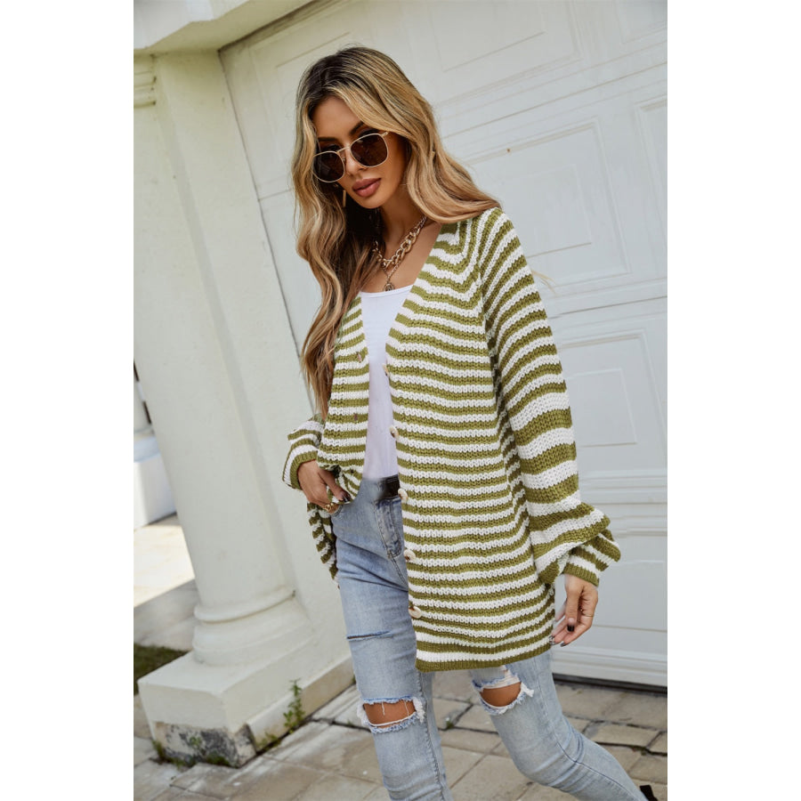 Striped Button Up Long Sleeve Cardigan Apparel and Accessories