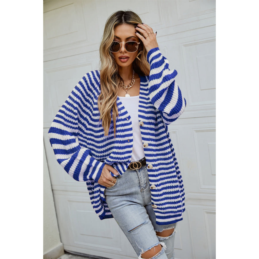 Striped Button Up Long Sleeve Cardigan Apparel and Accessories