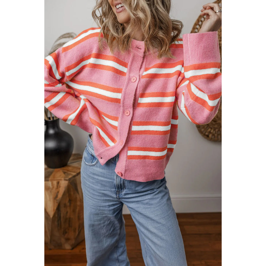 Striped Button Up Long Sleeve Cardigan Apparel and Accessories