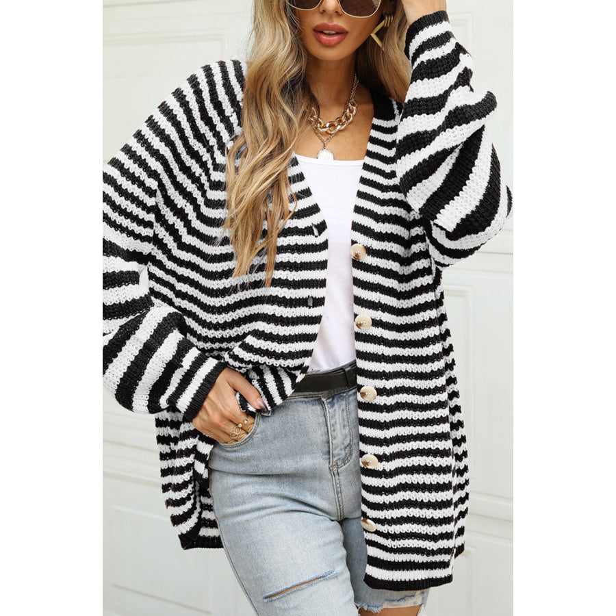 Striped Button Up Long Sleeve Cardigan Apparel and Accessories