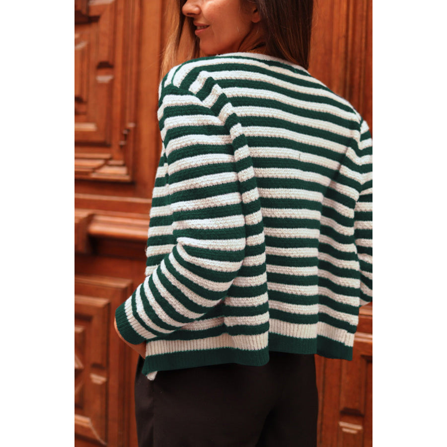 Striped Button Up Long Sleeve Cardigan Dark Green / M Apparel and Accessories