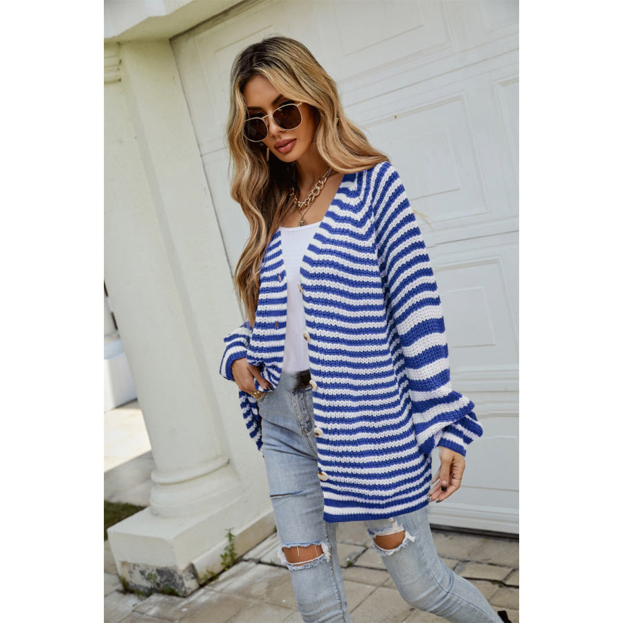 Striped Button Up Long Sleeve Cardigan Apparel and Accessories