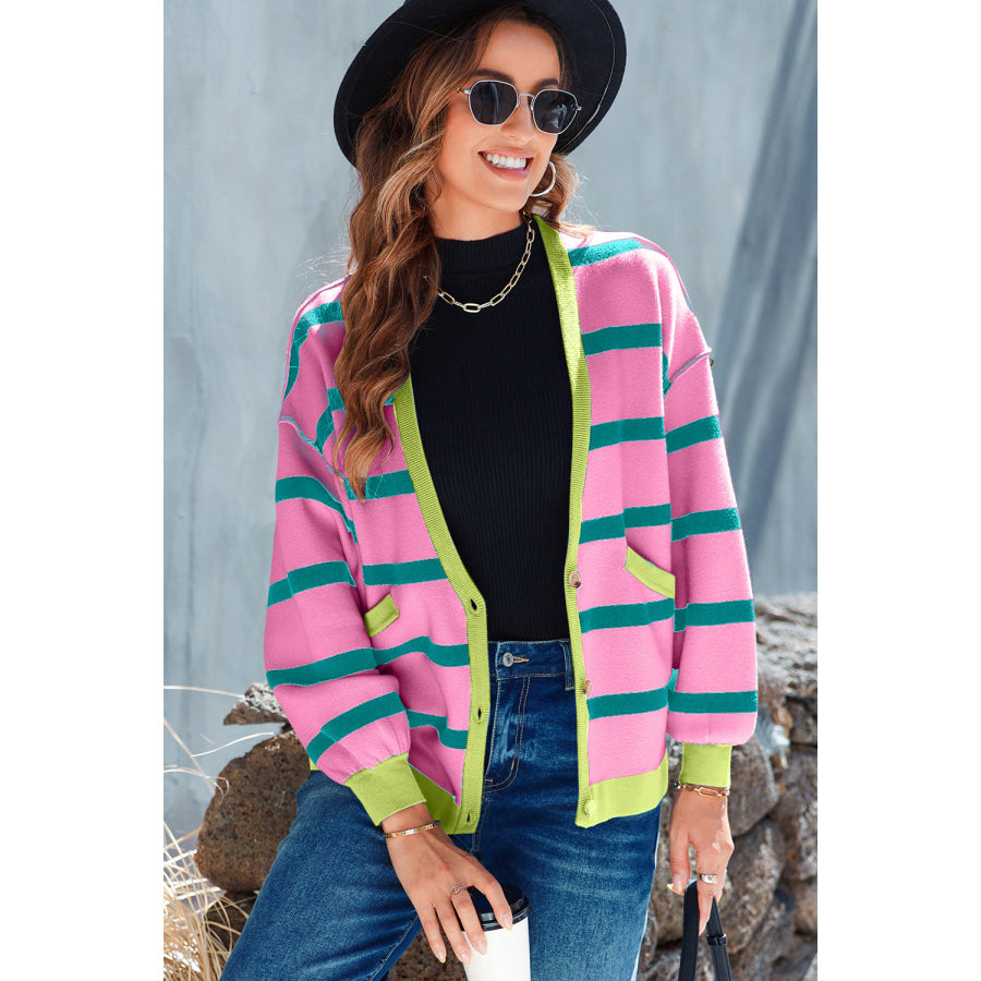 Striped Button Up Long Sleeve Cardigan Apparel and Accessories