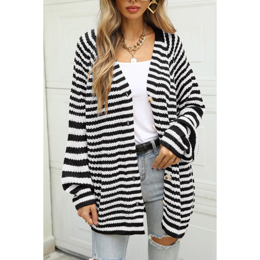 Striped Button Up Long Sleeve Cardigan Black / S Apparel and Accessories