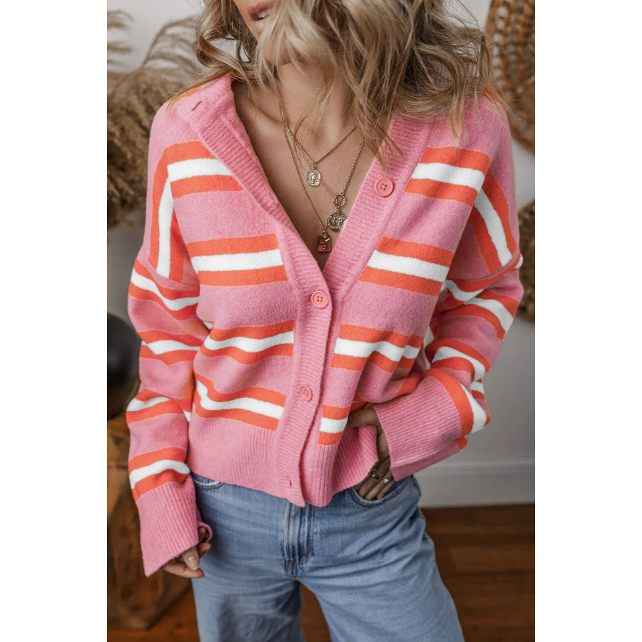 Striped Button Up Long Sleeve Cardigan Blush Pink / S Apparel and Accessories