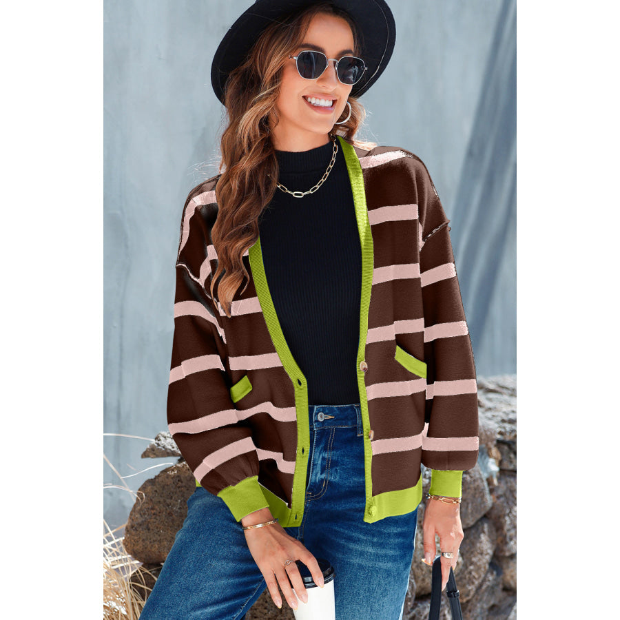 Striped Button Up Long Sleeve Cardigan Brown / S Apparel and Accessories