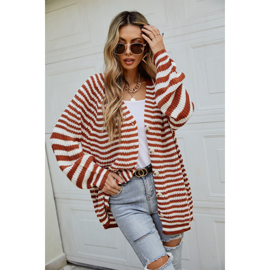 Striped Button Up Long Sleeve Cardigan Burnt Umber / S Apparel and Accessories