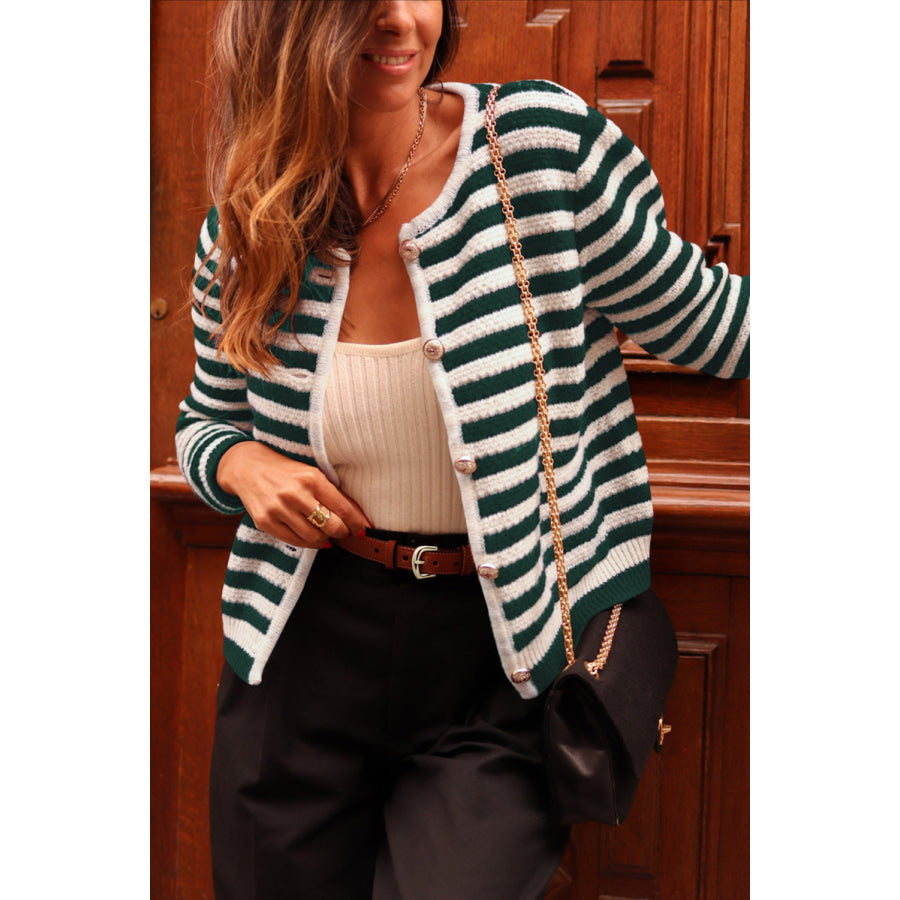 Striped Button Up Long Sleeve Cardigan Dark Green / M Apparel and Accessories