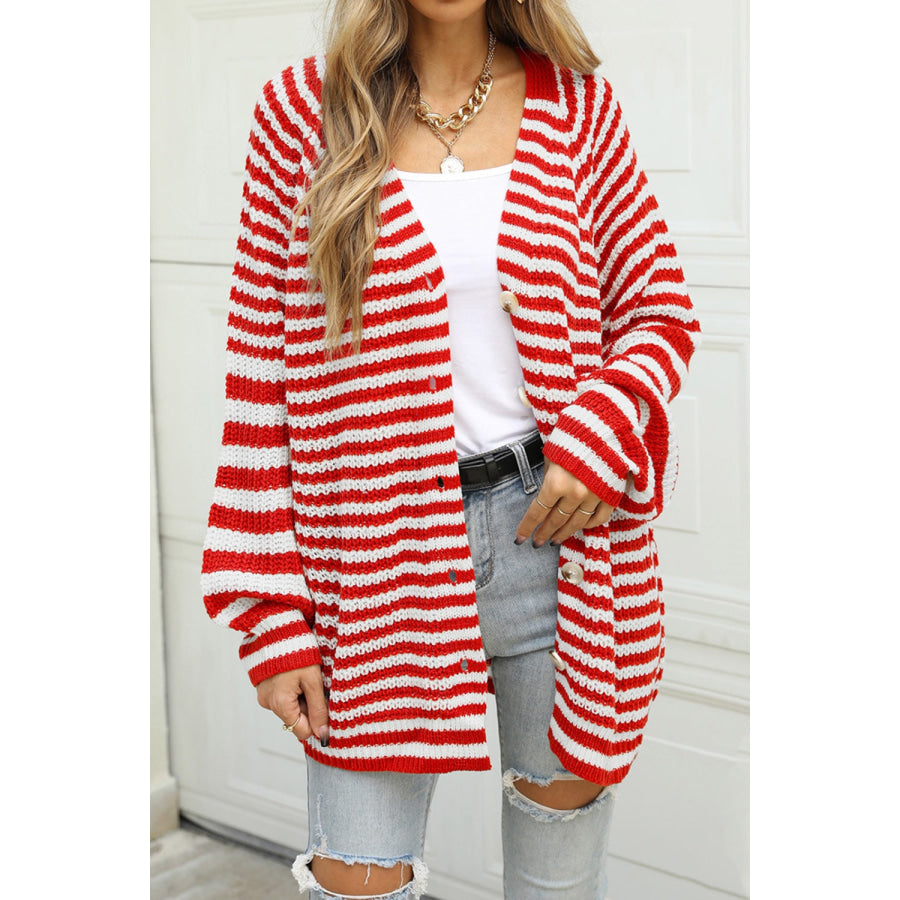 Striped Button Up Long Sleeve Cardigan Deep Red / S Apparel and Accessories