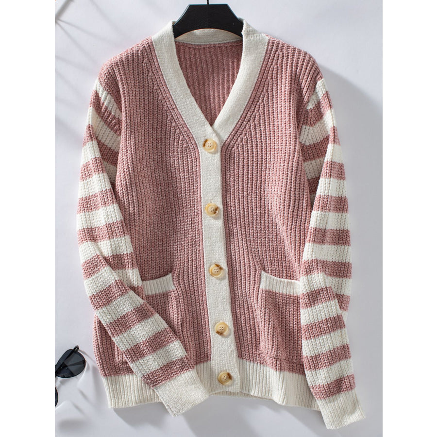 Striped Button Up Long Sleeve Cardigan Dusty Pink / S Apparel and Accessories