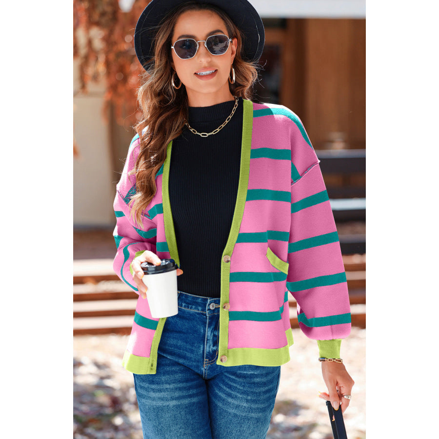 Striped Button Up Long Sleeve Cardigan Fuchsia Pink / S Apparel and Accessories