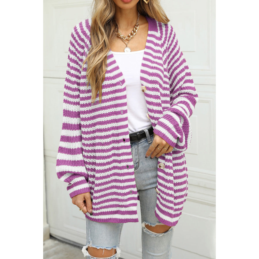 Striped Button Up Long Sleeve Cardigan Lavender / S Apparel and Accessories