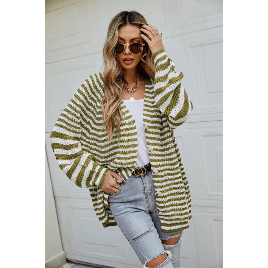 Striped Button Up Long Sleeve Cardigan Matcha Green / S Apparel and Accessories