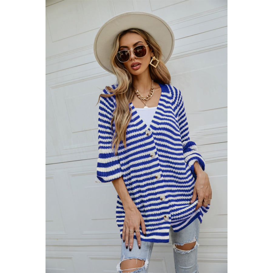 Striped Button Up Long Sleeve Cardigan Royal Blue / S Apparel and Accessories