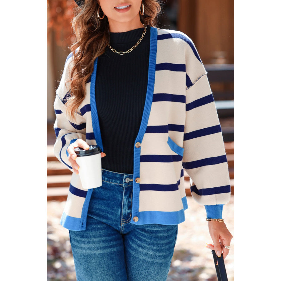 Striped Button Up Long Sleeve Cardigan Sky Blue / S Apparel and Accessories