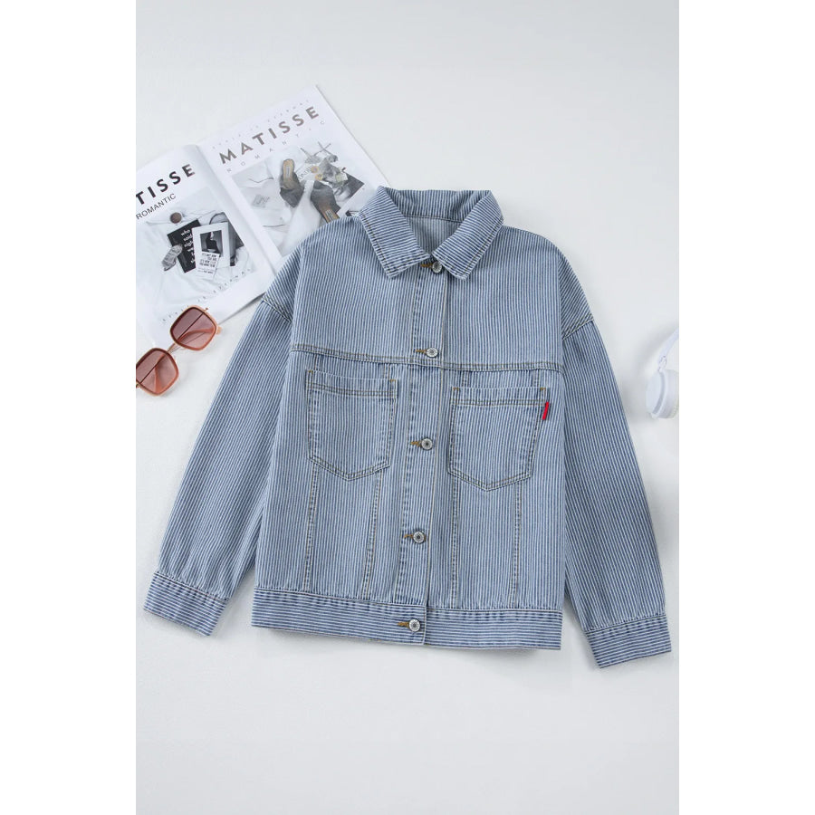 Striped Button Up Long Sleeve Denim Jacket Apparel and Accessories