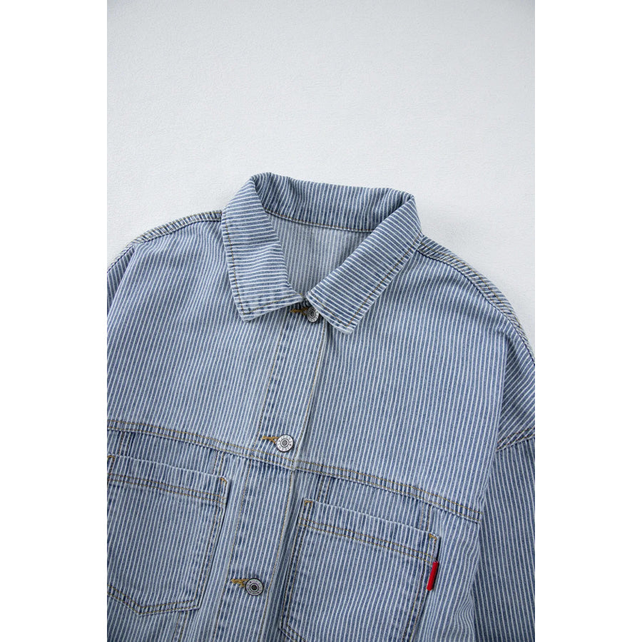 Striped Button Up Long Sleeve Denim Jacket Apparel and Accessories