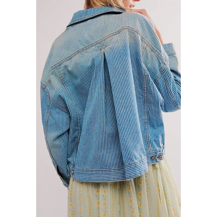 Striped Button Up Long Sleeve Denim Jacket Apparel and Accessories