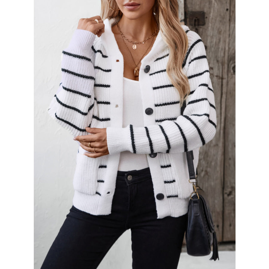 Striped Button Up Long Sleeve Hooded Cardigan Apparel and Accessories