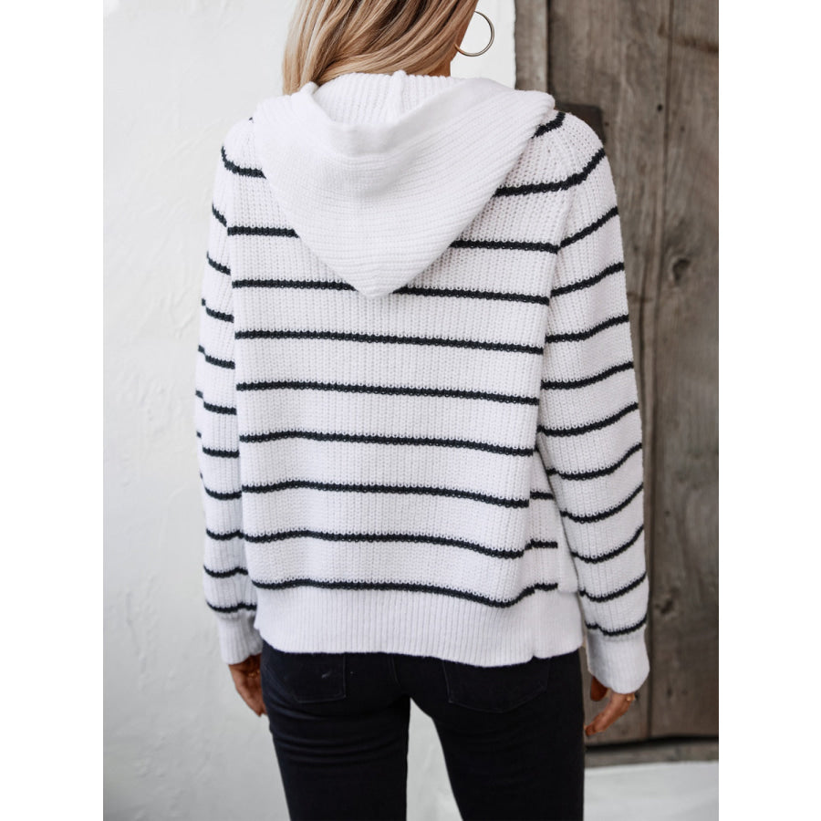 Striped Button Up Long Sleeve Hooded Cardigan Apparel and Accessories