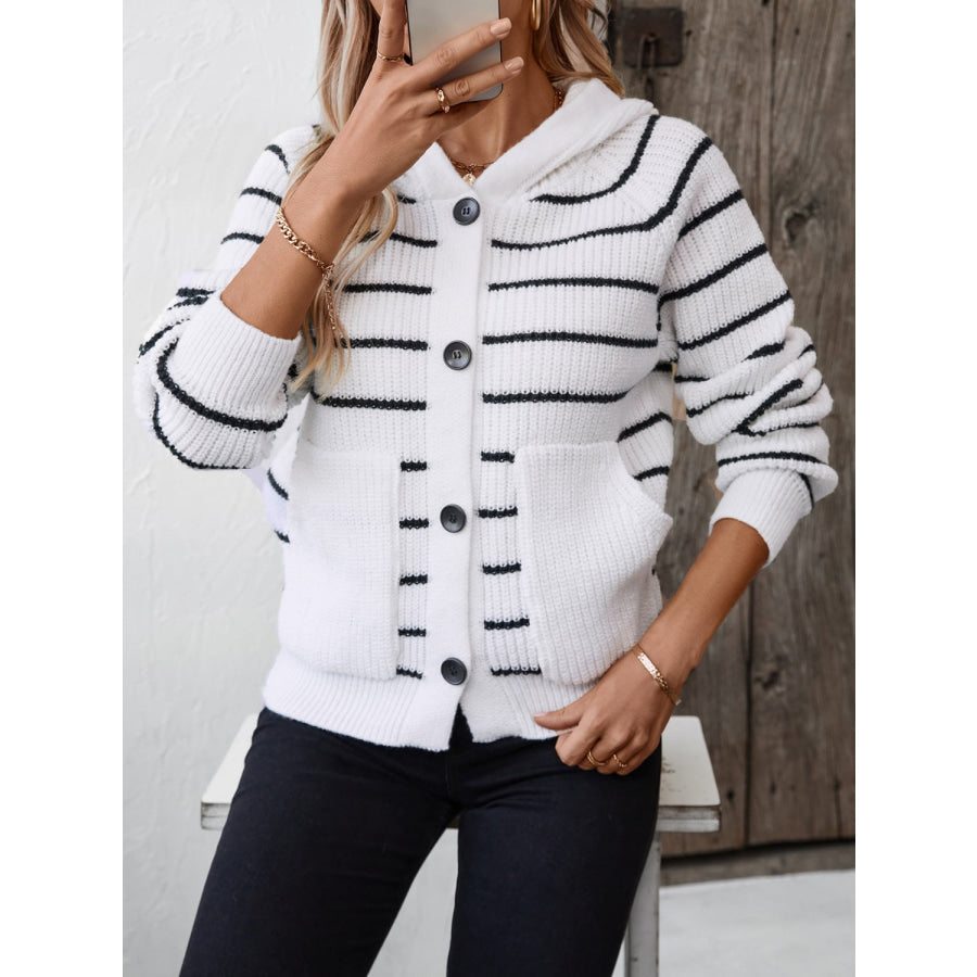 Striped Button Up Long Sleeve Hooded Cardigan Apparel and Accessories