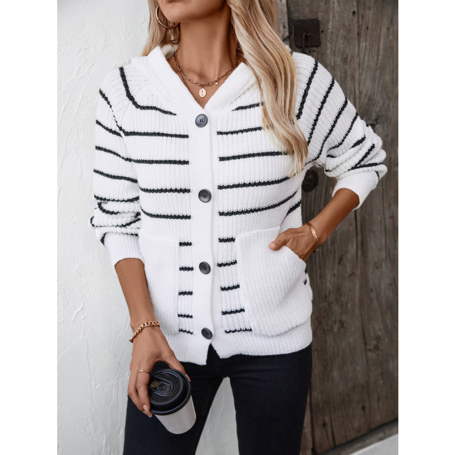 Striped Button Up Long Sleeve Hooded Cardigan Apparel and Accessories