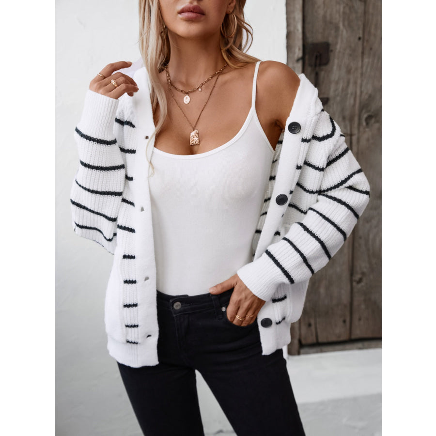 Striped Button Up Long Sleeve Hooded Cardigan Apparel and Accessories