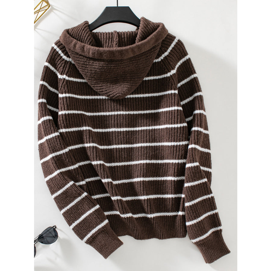 Striped Button Up Long Sleeve Hooded Cardigan Apparel and Accessories