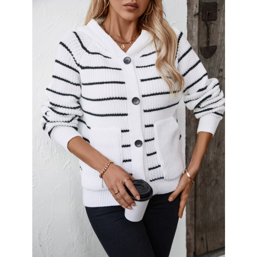 Striped Button Up Long Sleeve Hooded Cardigan Apparel and Accessories