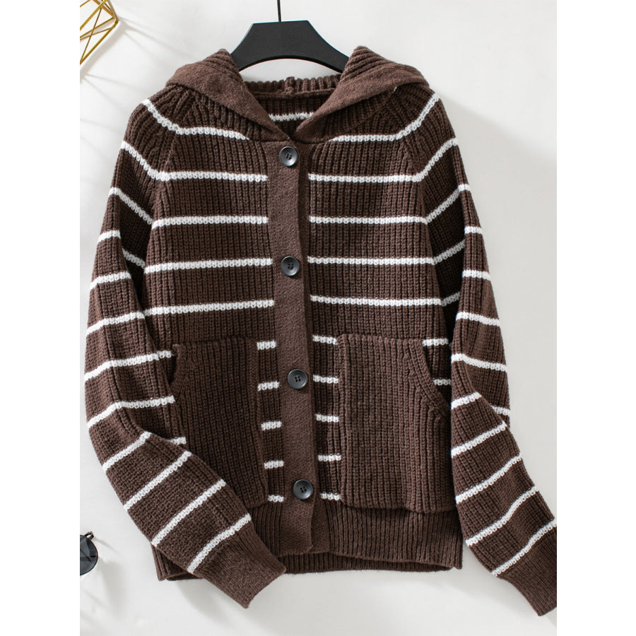 Striped Button Up Long Sleeve Hooded Cardigan Chocolate / S Apparel and Accessories