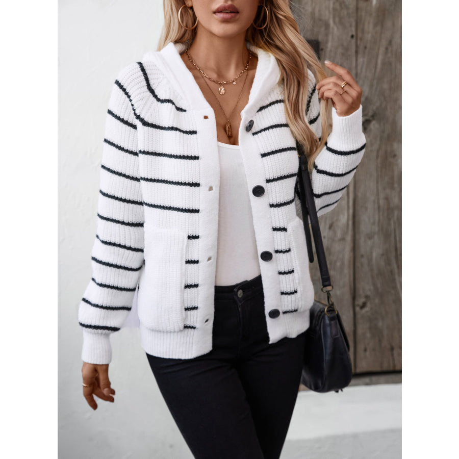 Striped Button Up Long Sleeve Hooded Cardigan White / S Apparel and Accessories