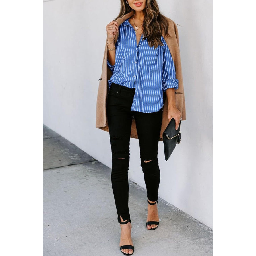 Striped Button Up Long Sleeve Shirt Apparel and Accessories