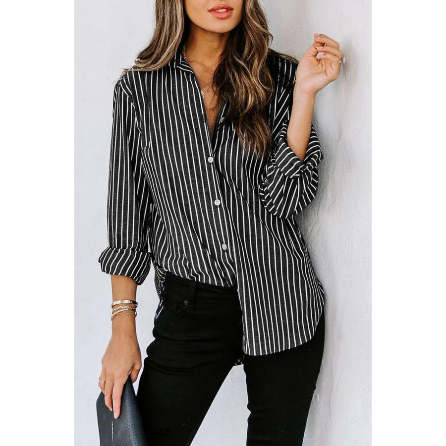 Striped Button Up Long Sleeve Shirt Black / S Apparel and Accessories