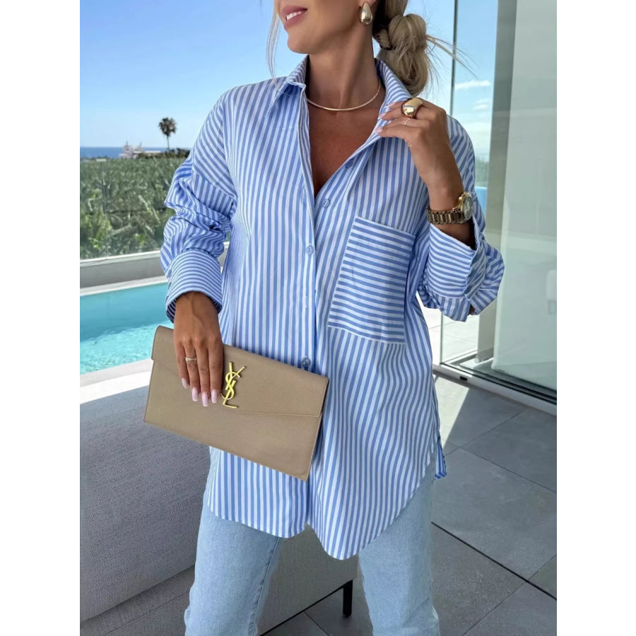 Striped Button Up Long Sleeve Shirt Blue / S Apparel and Accessories