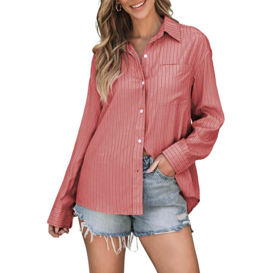 Striped Button Up Long Sleeve Shirt Burnt Coral / S Apparel and Accessories