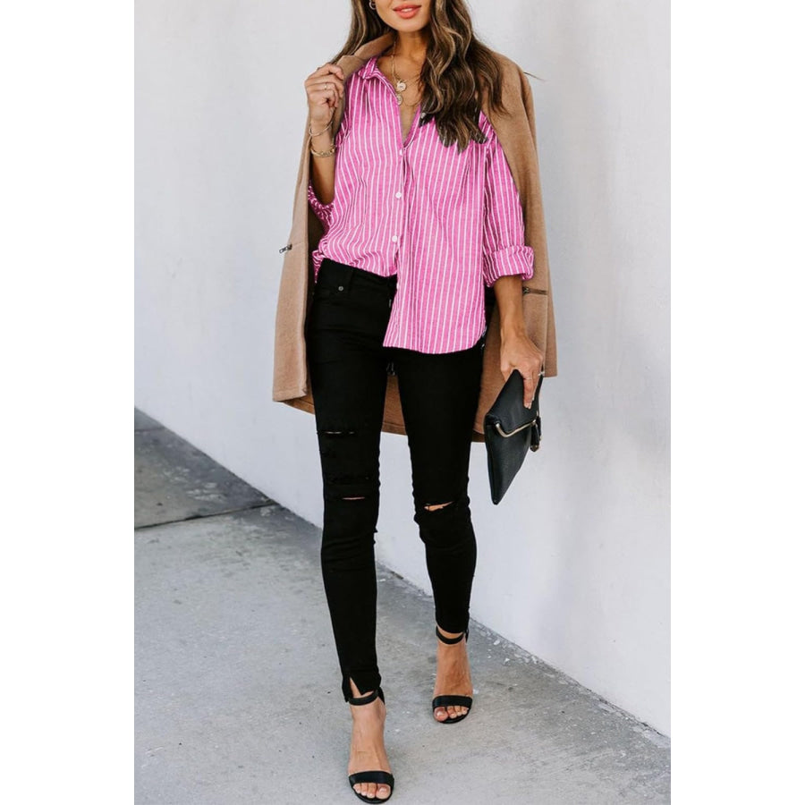 Striped Button Up Long Sleeve Shirt Carnation Pink / S Apparel and Accessories