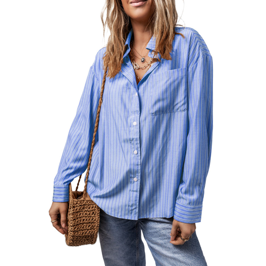 Striped Button Up Long Sleeve Shirt Dusty Blue / S Apparel and Accessories