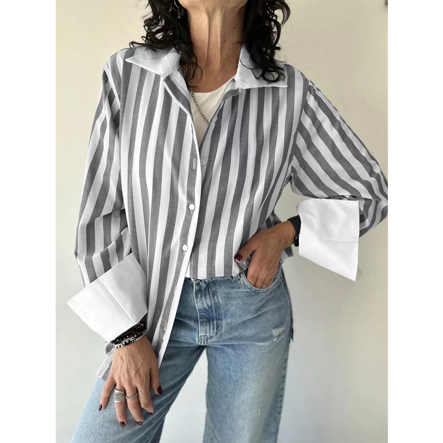 Striped Button-Up Long Sleeve Shirt Gray / S Apparel and Accessories