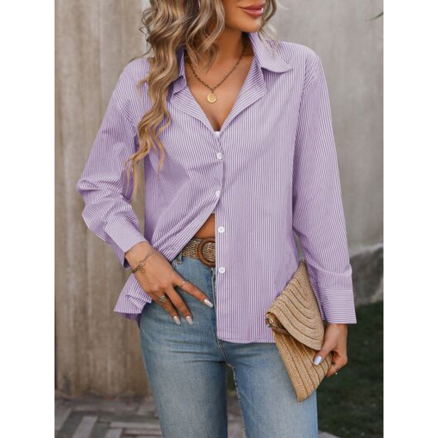 Striped Button Up Long Sleeve Shirt Lavender / S Apparel and Accessories